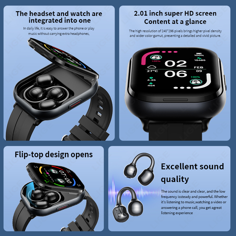 LIGE TWS Smart Watch Men 2.01' - đánh giá và giá Tws Earbuds Bluetooth 5.3