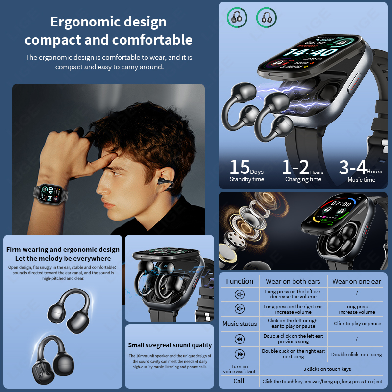 LIGE TWS Smart Watch Men 2.01' - đánh giá và giá Tws Earbuds Bluetooth 5.3